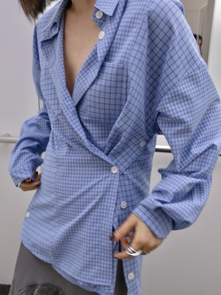 Inssense - Korean Women Fashion - #romanticstyle - Two Way Double Check Silhouette Shirt - 3