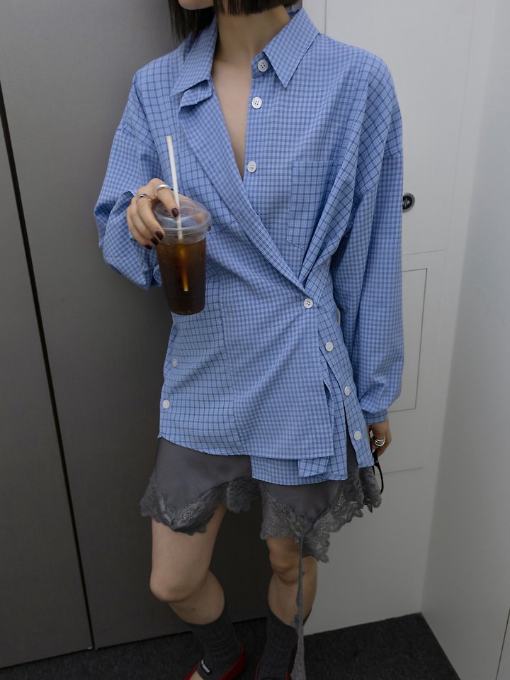 Inssense - Korean Women Fashion - #romanticstyle - Two Way Double Check Silhouette Shirt - 4