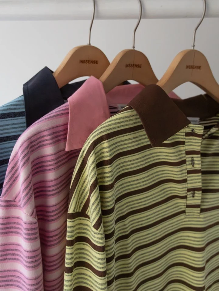 Inssense - Korean Women Fashion - #shopsmall - Shirt Collar Vintage Striped Polo Tee - 12