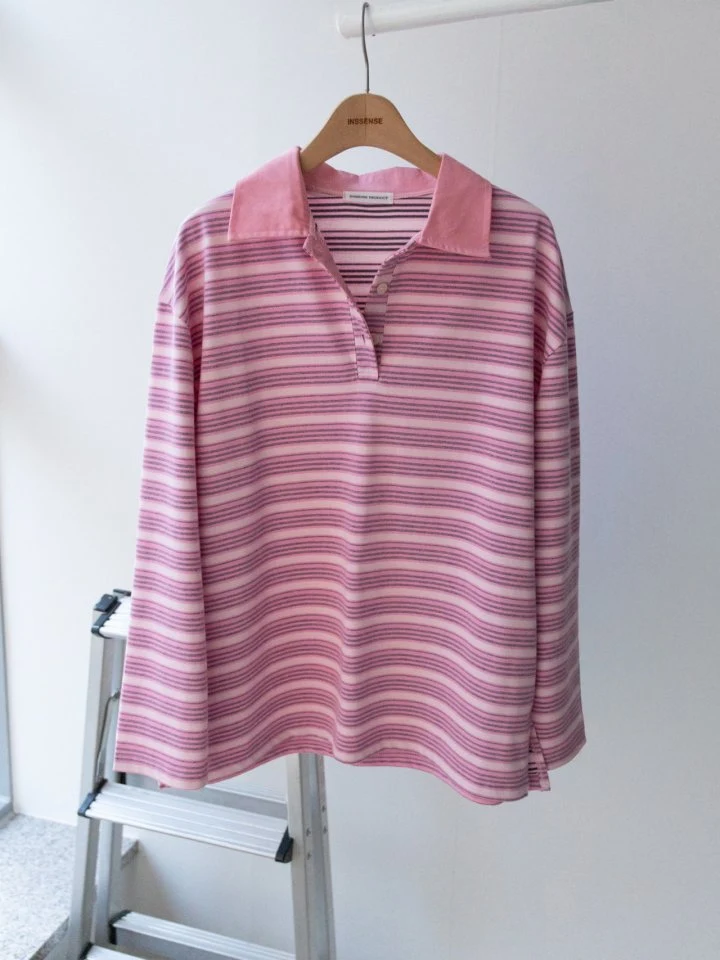 Inssense - Korean Women Fashion - #shopsmall - Shirt Collar Vintage Striped Polo Tee - 9