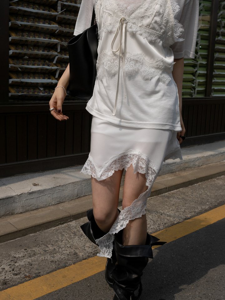 Inssense - Korean Women Fashion - #thelittlethings - Asymmetrical Drop Lace Silky Mini Skirt