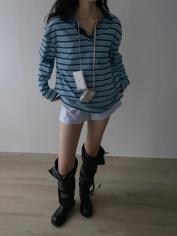 Inssense - Korean Women Fashion - #vintageinspired - Shirt Collar Vintage Striped Polo Tee - 7