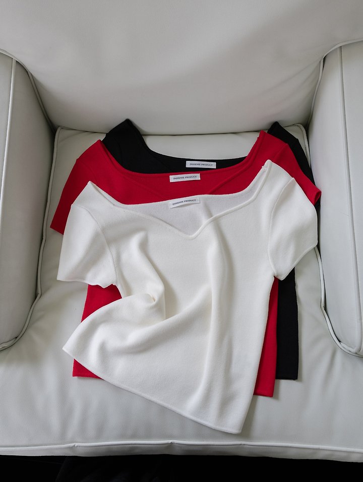 Inssense - Korean Women Fashion - #vintageinspired - Love Neck Slim Knit Short Sleeve Top - 7