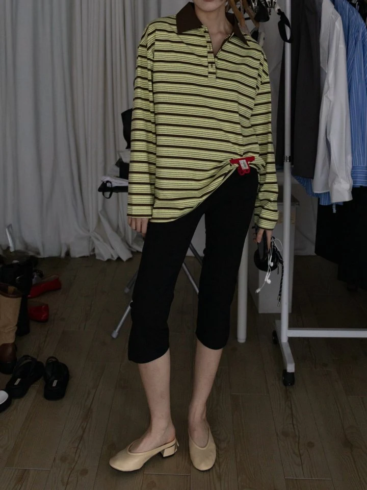 Inssense - Korean Women Fashion - #vintagekidsstyle - Shirt Collar Vintage Striped Polo Tee - 8