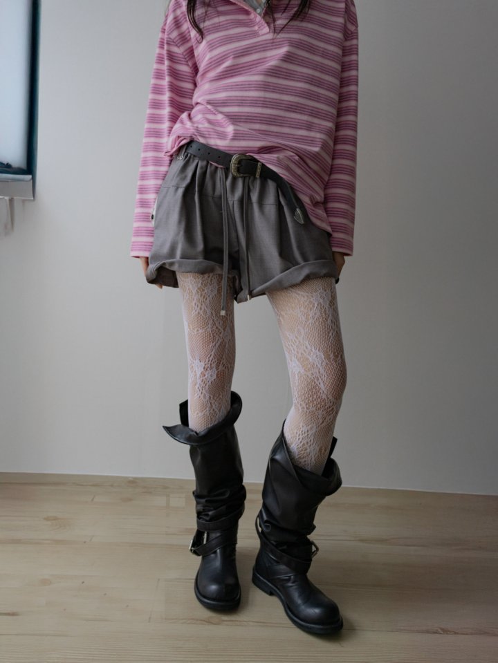 Inssense - Korean Women Fashion - #vintagekidsstyle - Shirt Collar Vintage Striped Polo Tee - 5