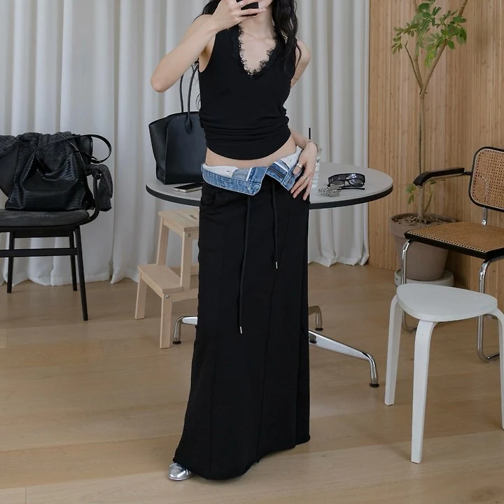 Inssense - Korean Women Fashion - #womensfashion - Summer Denim Waist Layered Cutline Maxi Skirt - 8