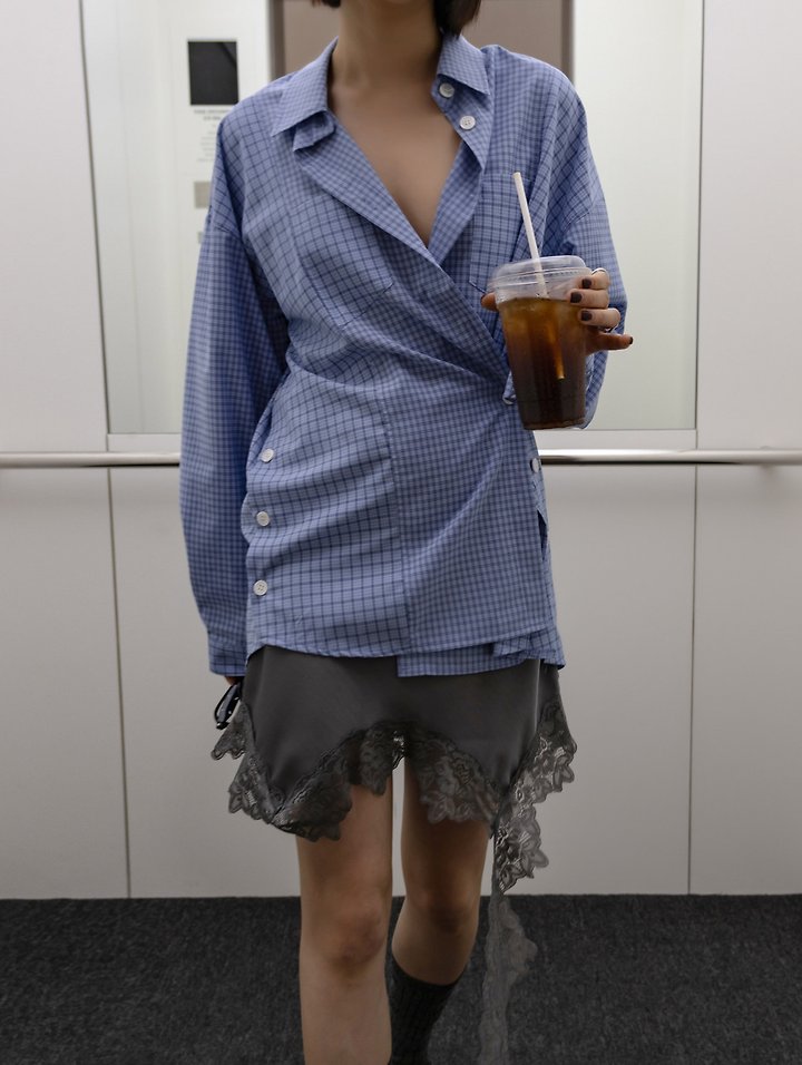 Inssense - Korean Women Fashion - #womensfashion - Two Way Double Check Silhouette Shirt - 10