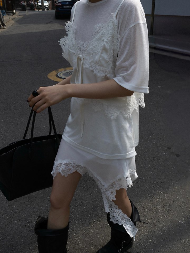 Inssense - Korean Women Fashion - #womensfashion - Asymmetrical Drop Lace Silky Mini Skirt - 3