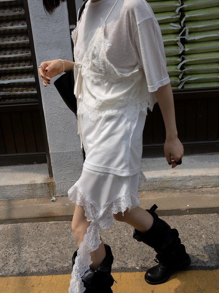 Inssense - Korean Women Fashion - #womensfashion - Asymmetrical Drop Lace Silky Mini Skirt - 5