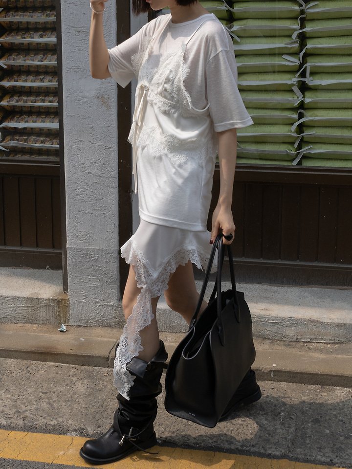 Inssense - Korean Women Fashion - #womensfashion - Asymmetrical Drop Lace Silky Mini Skirt - 7