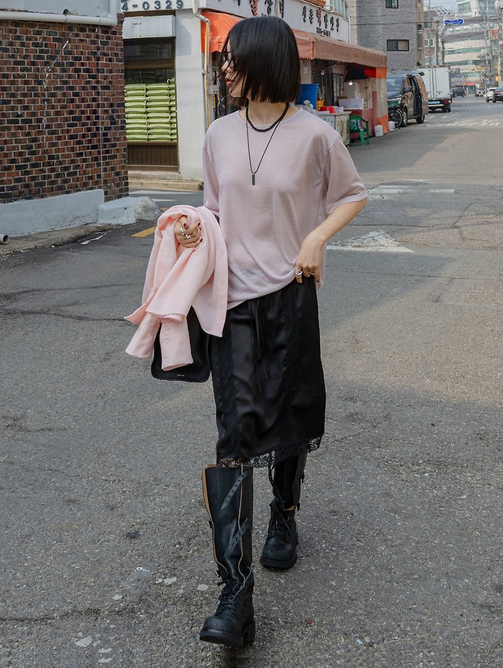 Inssense - Korean Women Fashion - #momslook - Silky Lace Trim Midi Skirt - 4