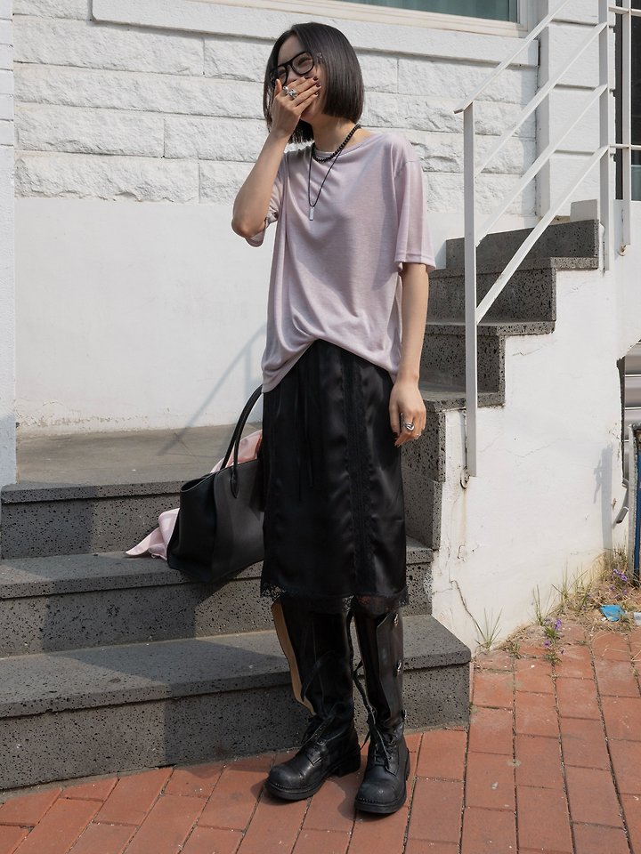 Inssense - Korean Women Fashion - #womensfashion - Silky Lace Trim Midi Skirt - 6