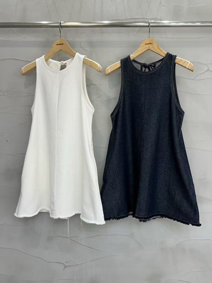Inssense - Korean Women Fashion - #womensfashion - Fringe Detail White Denim Mini Dress (Indigo Blue) - 12