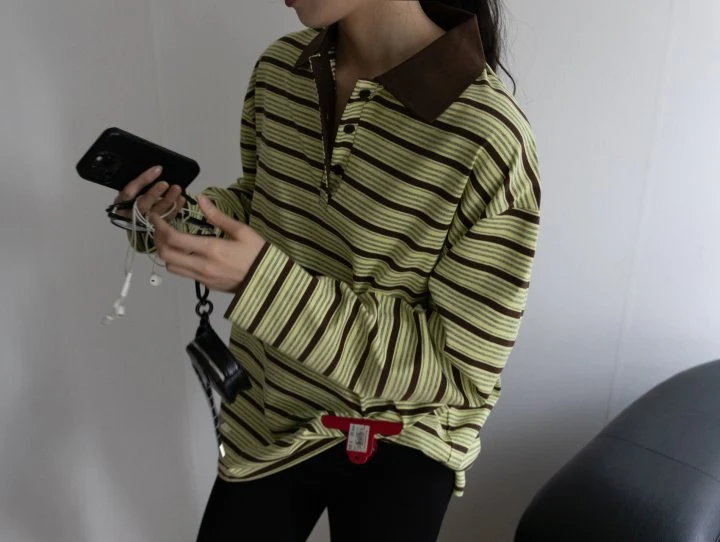 Inssense - Korean Women Fashion - #womensfashion - Shirt Collar Vintage Striped Polo Tee - 2