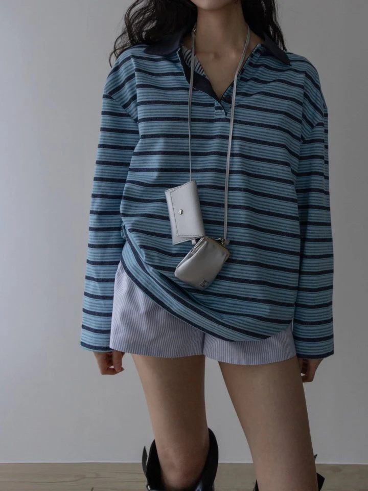 Inssense - Korean Women Fashion - #womensfashion - Shirt Collar Vintage Striped Polo Tee - 6