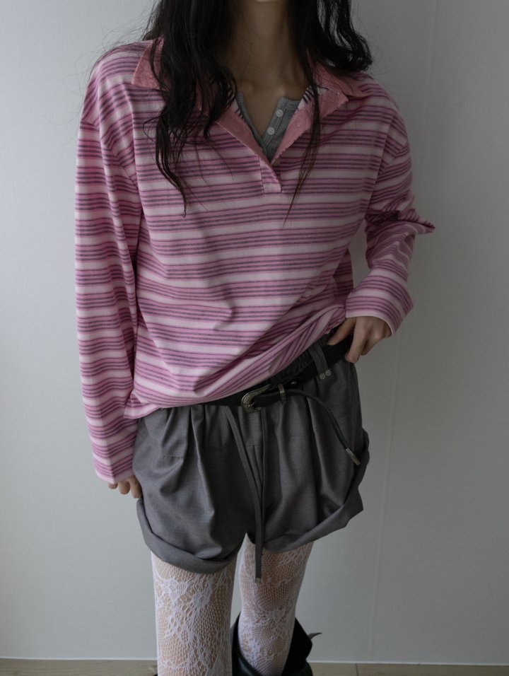 Inssense - Korean Women Fashion - #womensfashion - Shirt Collar Vintage Striped Polo Tee - 3
