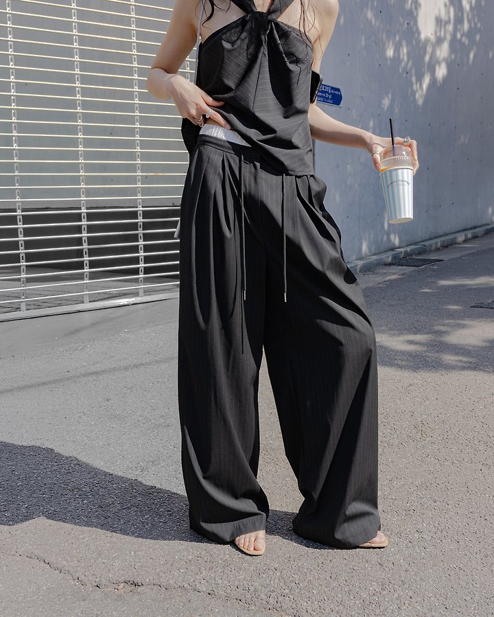 Inssense - Korean Women Fashion - #womensfashion - Pinstripe Double -Waist Pants
