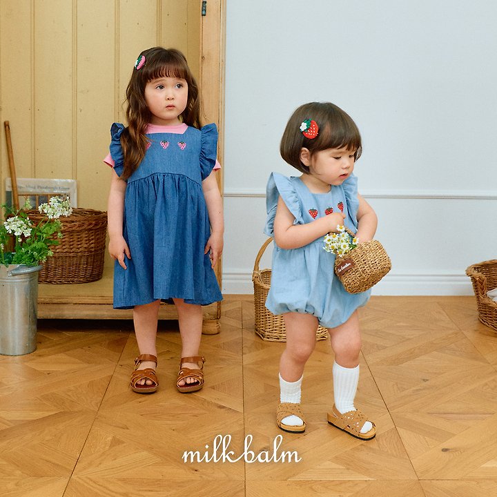 Milk Balm - Korean Baby Fashion - #onlinebabyboutique - Strawberry Denim One-piece - 3