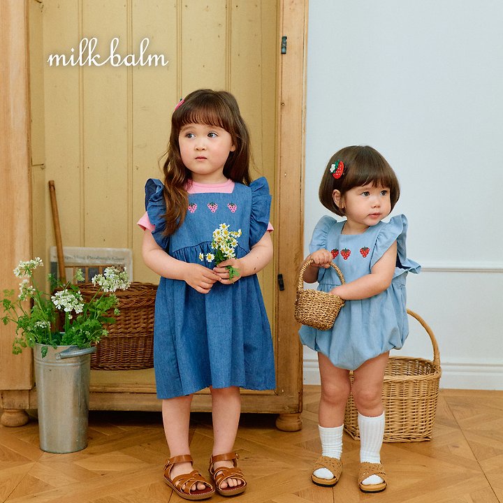 Milk Balm - Korean Baby Fashion - #onlinebabyboutique - Strawberry Denim One-piece - 4