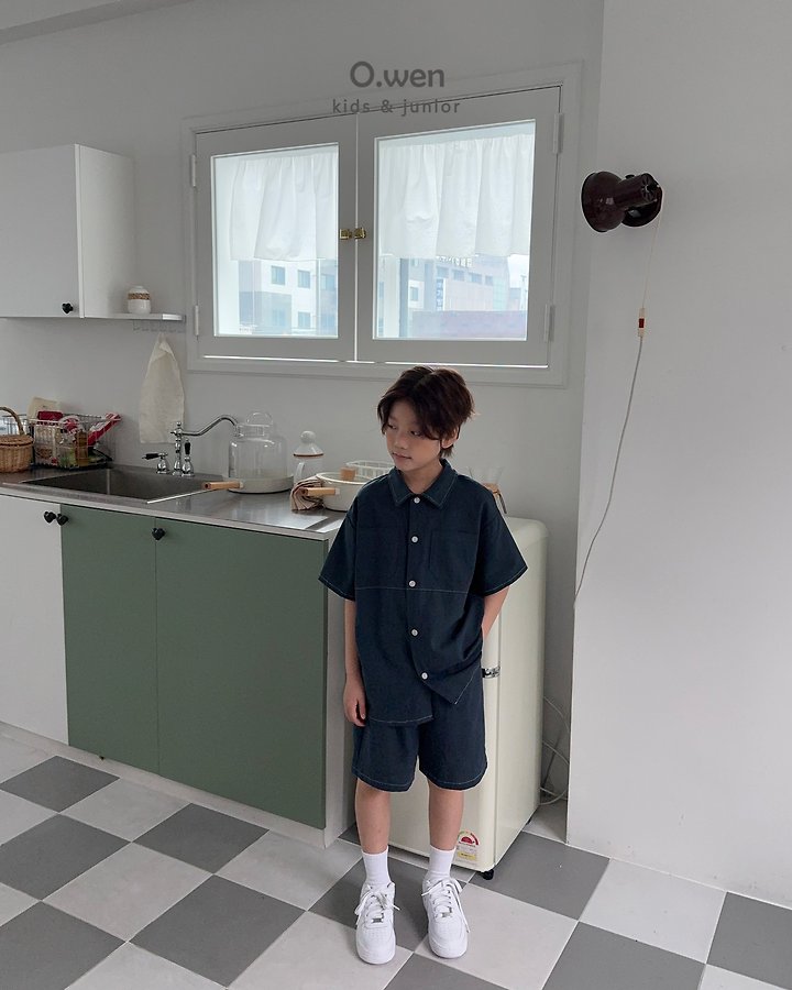 O Wen - Korean Children Fashion - #kidsshorts - Stitch Linen Shirt Set - 6