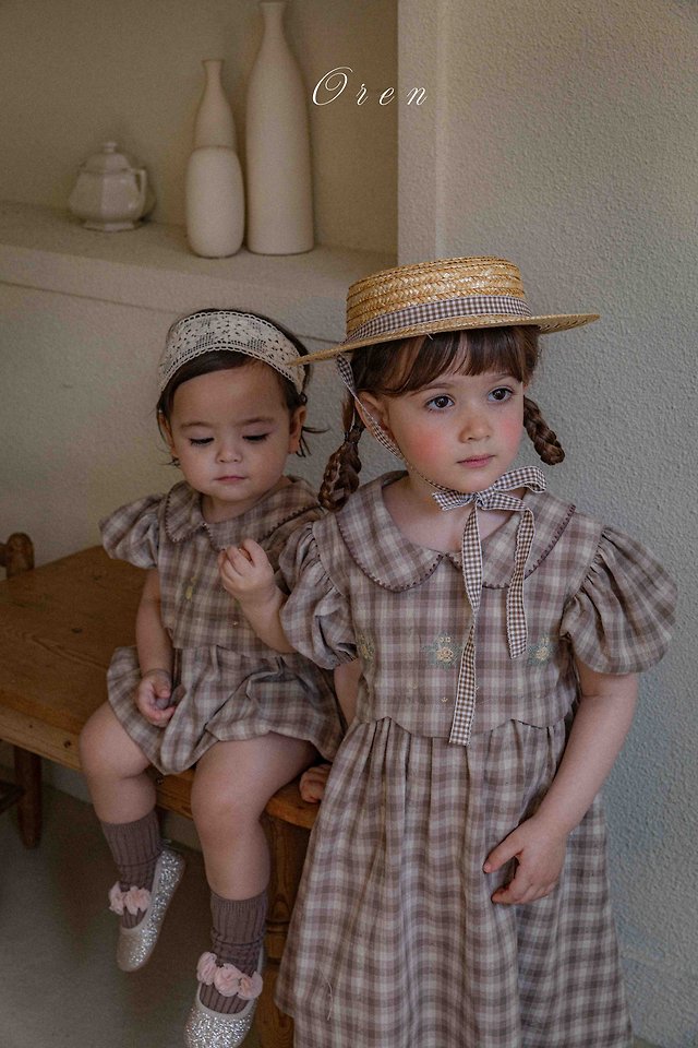 Oren - Korean Children Fashion - #designkidswear - Tua Embroidered Check One-Piece - 8