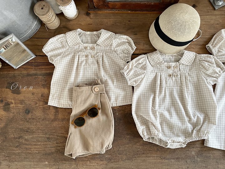Oren - Korean Children Fashion - #littlefashionista - Noah Double Button One-Piece (Beige Check) - 4