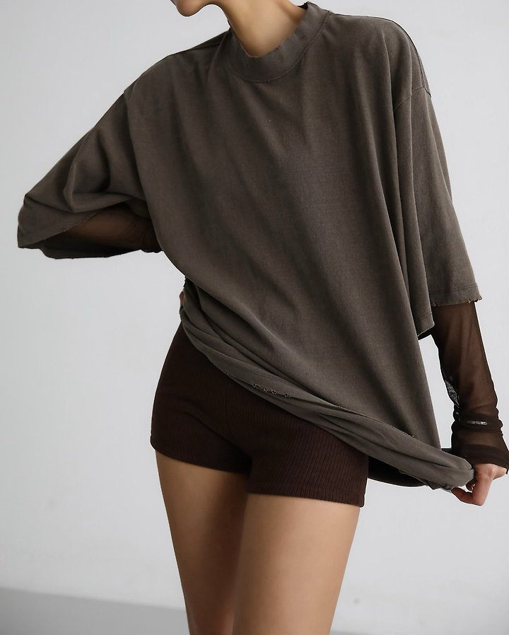 Paper Moon - Korean Women Fashion - #momslook - Mock Neck Ribbed Damage Detail Oversized Pigment Tee - 3