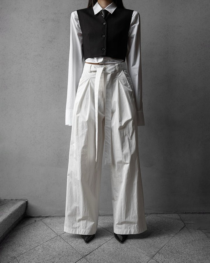 Paper Moon - Korean Women Fashion - #momslook - Double Pleated Belt Wide Trousers