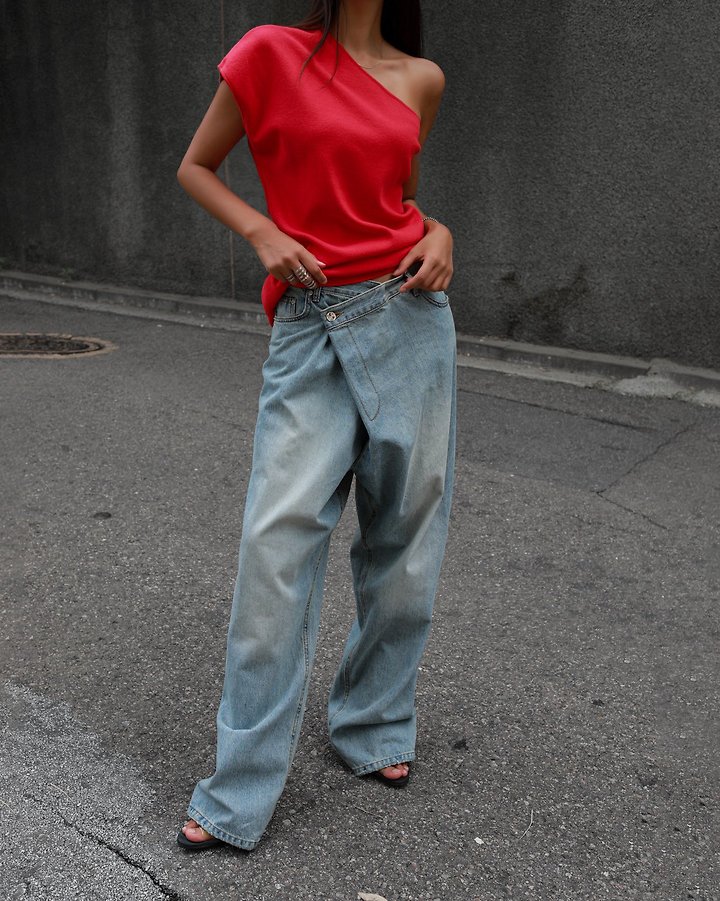 Paper Moon - Korean Women Fashion - #momslook - Wrap Detail Wide Denim Jeans