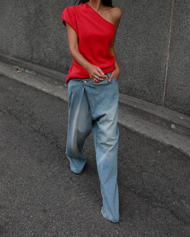 Paper Moon - Korean Women Fashion - #momslook - Wrap Detail Wide Denim Jeans - 3
