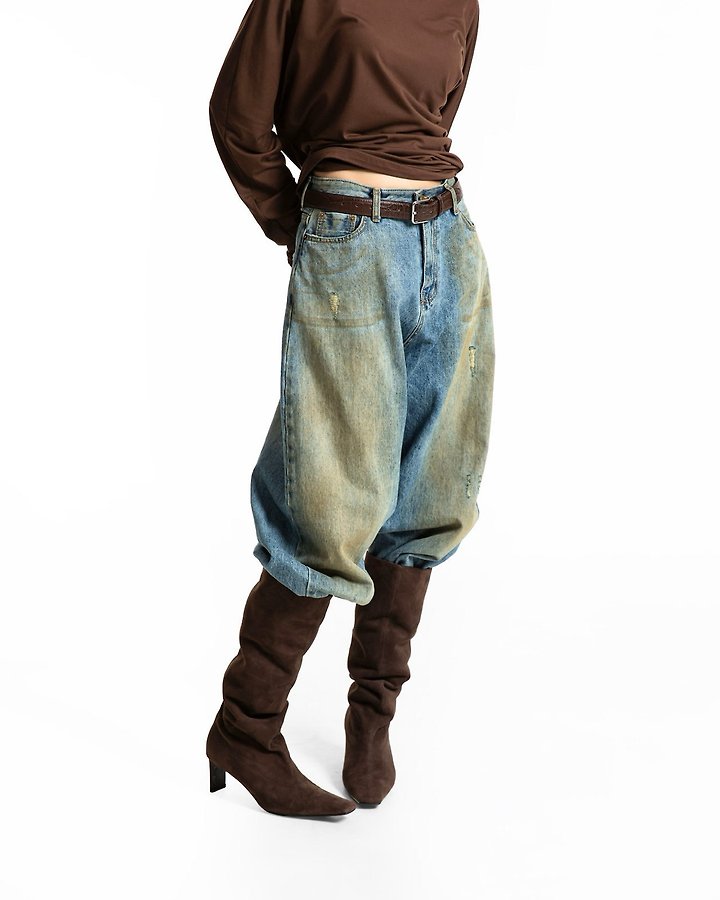Paper Moon - Korean Women Fashion - #momslook - Dusty Mud Washed Wide Denim Trousers