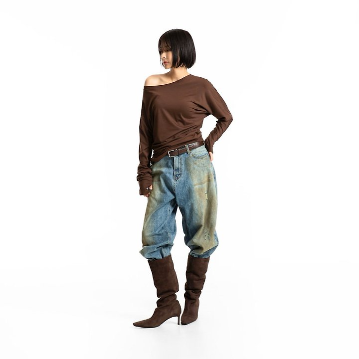 Paper Moon - Korean Women Fashion - #momslook - Dusty Mud Washed Wide Denim Trousers - 3