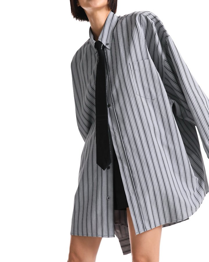 Paper Moon - Korean Women Fashion - #momslook - Oversized Striped Pattern Pocket Button Down Shirt