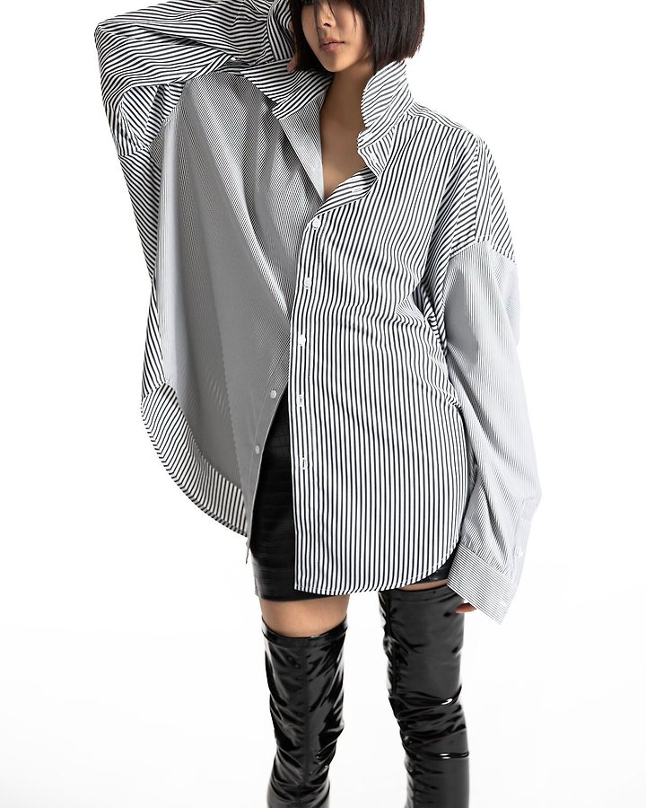 Paper Moon - Korean Women Fashion - #momslook - Oversized Striped Combi Button Down Shirt - 3