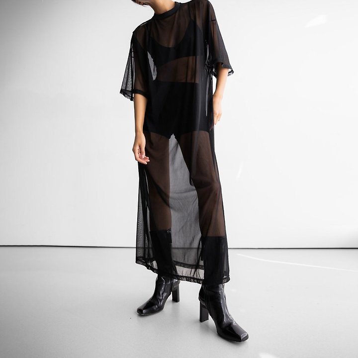 Paper Moon - Korean Women Fashion - #momslook - Oversized Mesh Sheer One Slit Dress - 2