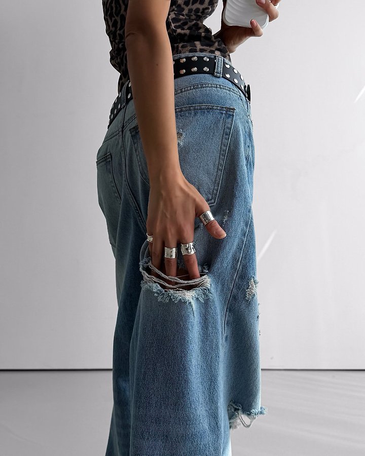 Paper Moon - Korean Women Fashion - #momslook - Vintage Destroyed Wide Denim