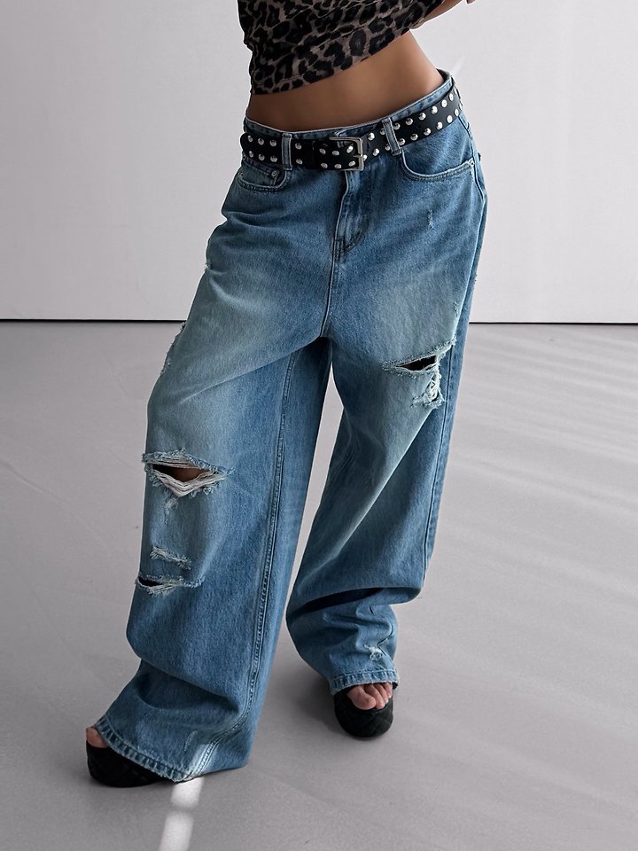 Paper Moon - Korean Women Fashion - #momslook - Vintage Destroyed Wide Denim - 3