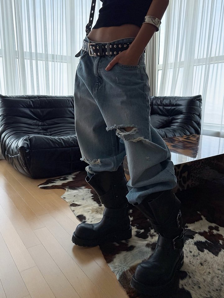 Paper Moon - Korean Women Fashion - #pursuepretty - Vintage Destroyed Wide Denim - 2