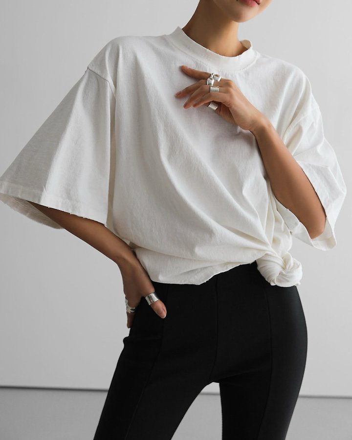 Paper Moon - Korean Women Fashion - #thelittlethings - Mock Neck Ribbed Damage Detail Oversized Pigment Tee - 2
