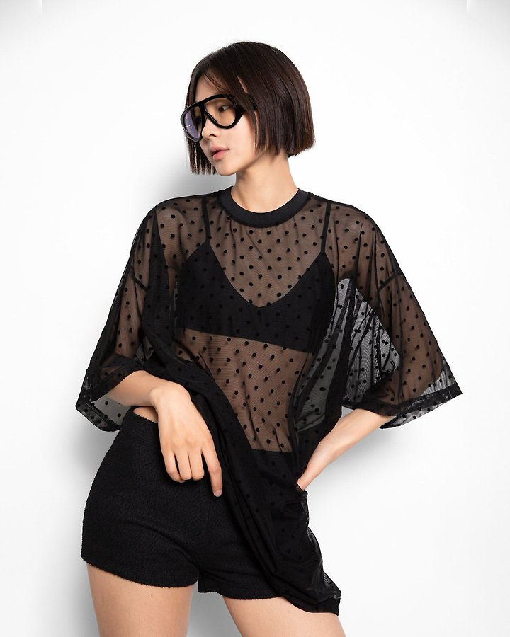 Paper Moon - Korean Women Fashion - #vintageinspired - Dot Mesh Sheer Oversized Tee - 3