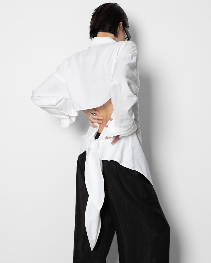 Paper Moon - Korean Women Fashion - #vintagekidsstyle - Back Cut-Out Knot Shirt - 5