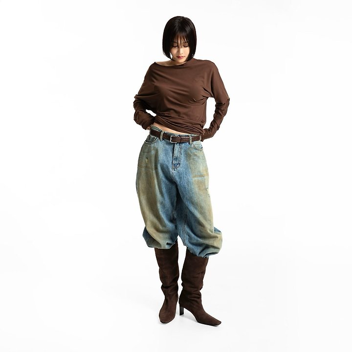 Paper Moon - Korean Women Fashion - #momslook - Dusty Mud Washed Wide Denim Trousers - 4