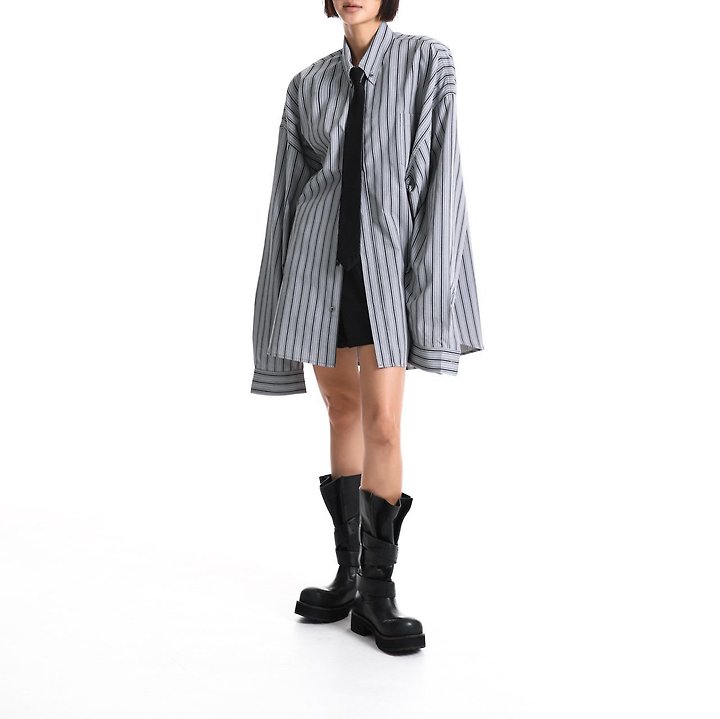 Paper Moon - Korean Women Fashion - #momslook - Oversized Striped Pattern Pocket Button Down Shirt - 4