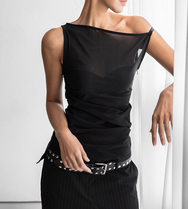 Paper Moon - Korean Women Fashion - #womensfashion - Side Shirred Detail Mesh Sleeveless Top