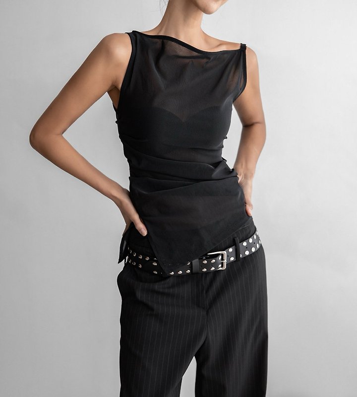 Paper Moon - Korean Women Fashion - #womensfashion - Side Shirred Detail Mesh Sleeveless Top - 3