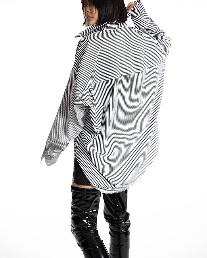 Paper Moon - Korean Women Fashion - #momslook - Oversized Striped Combi Button Down Shirt - 4