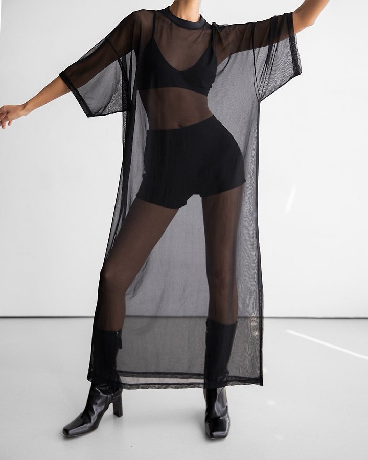Paper Moon - Korean Women Fashion - #womensfashion - Oversized Mesh Sheer One Slit Dress - 3