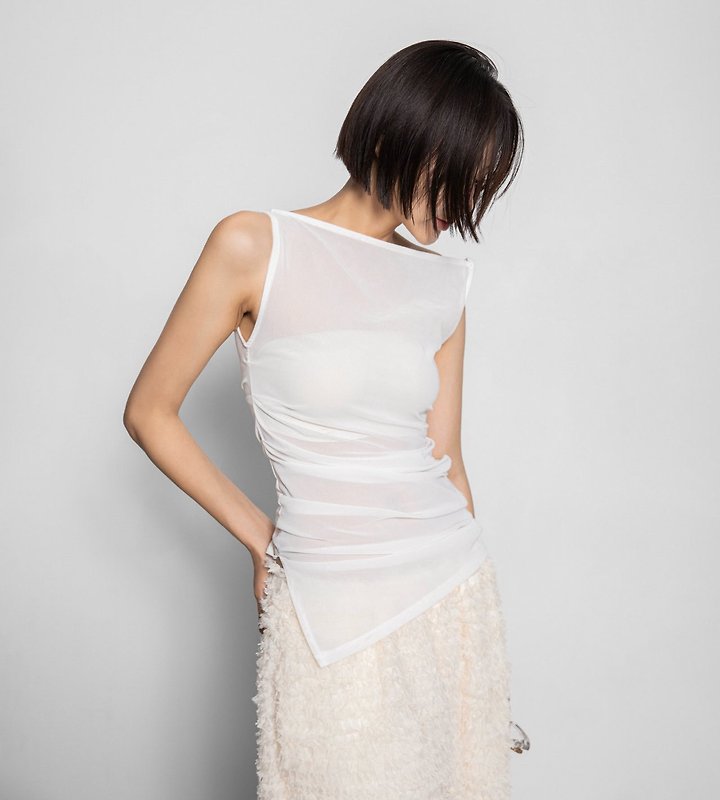 Paper Moon - Korean Women Fashion - #womensfashion - Side Shirred Detail Mesh Sleeveless Top - 2