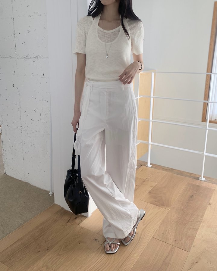 Something Else - Korean Women Fashion - #momslook - Rough Linen Sleeveless Short Sleeve Knit Set - 12