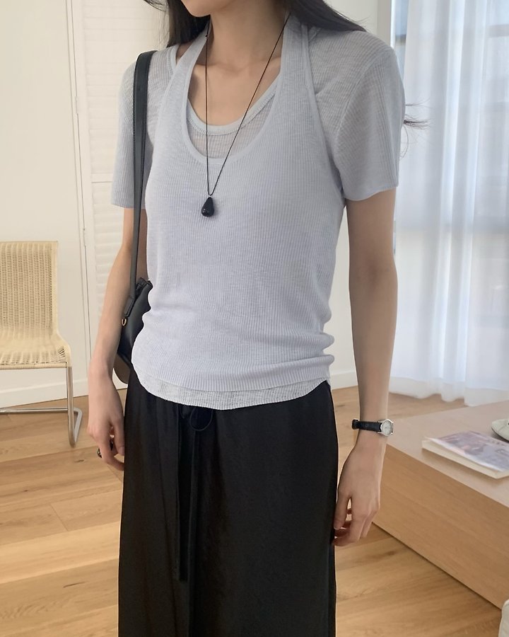 Something Else - Korean Women Fashion - #momslook - Rough Linen Sleeveless Short Sleeve Knit Set - 8